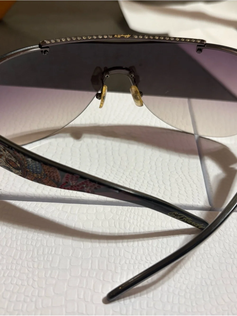 Ed Hardy Purple Gradient Rimless Shield Sunglasses with Gold Brow